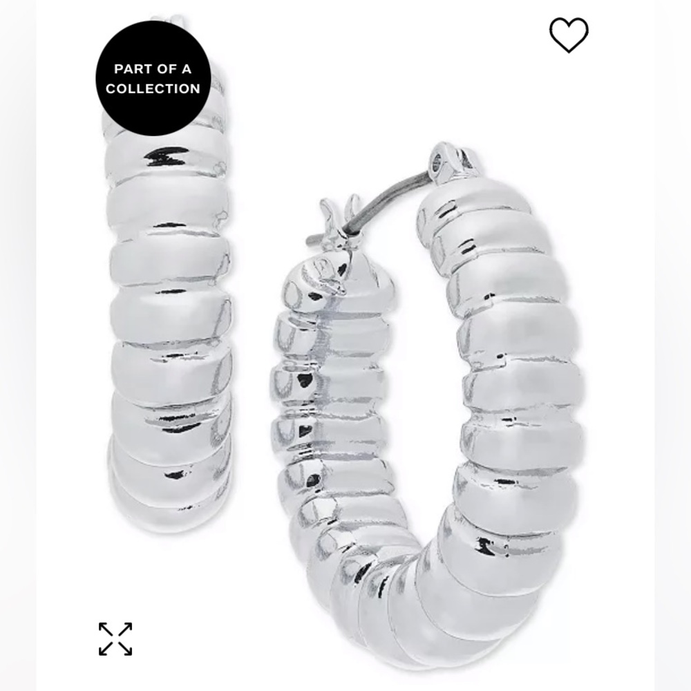 On 34th Silver-tone Croissant-Textured Hoop Earrings. 1.06 in diameter. NWT